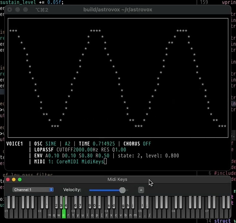 A screenshot of a software synthesiser running in a terminal window, and a software midi keyboard